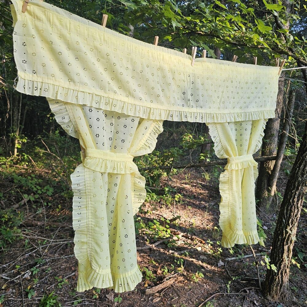 Vintage Light Yellow Tier Curtain & Valance Set With Ruffles & Eyelet Detail